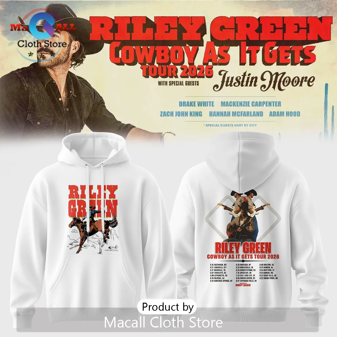 Riley Green Cowboy As It Gets 2026 Tour Dates Pullover Hoodie