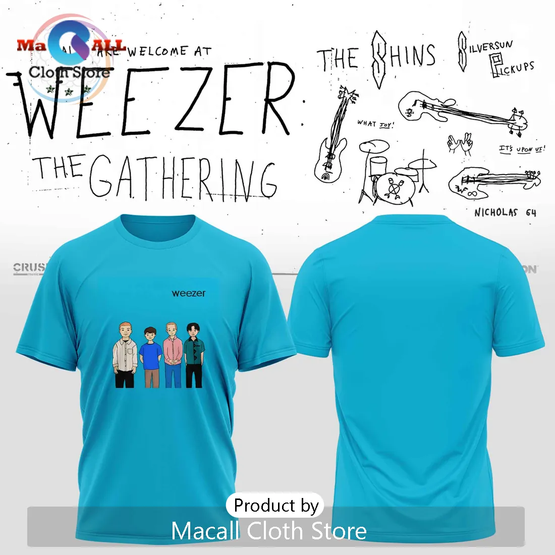 Weezer The Gathering Cartoon Blue Album Alt Rock Graphic T-Shirt