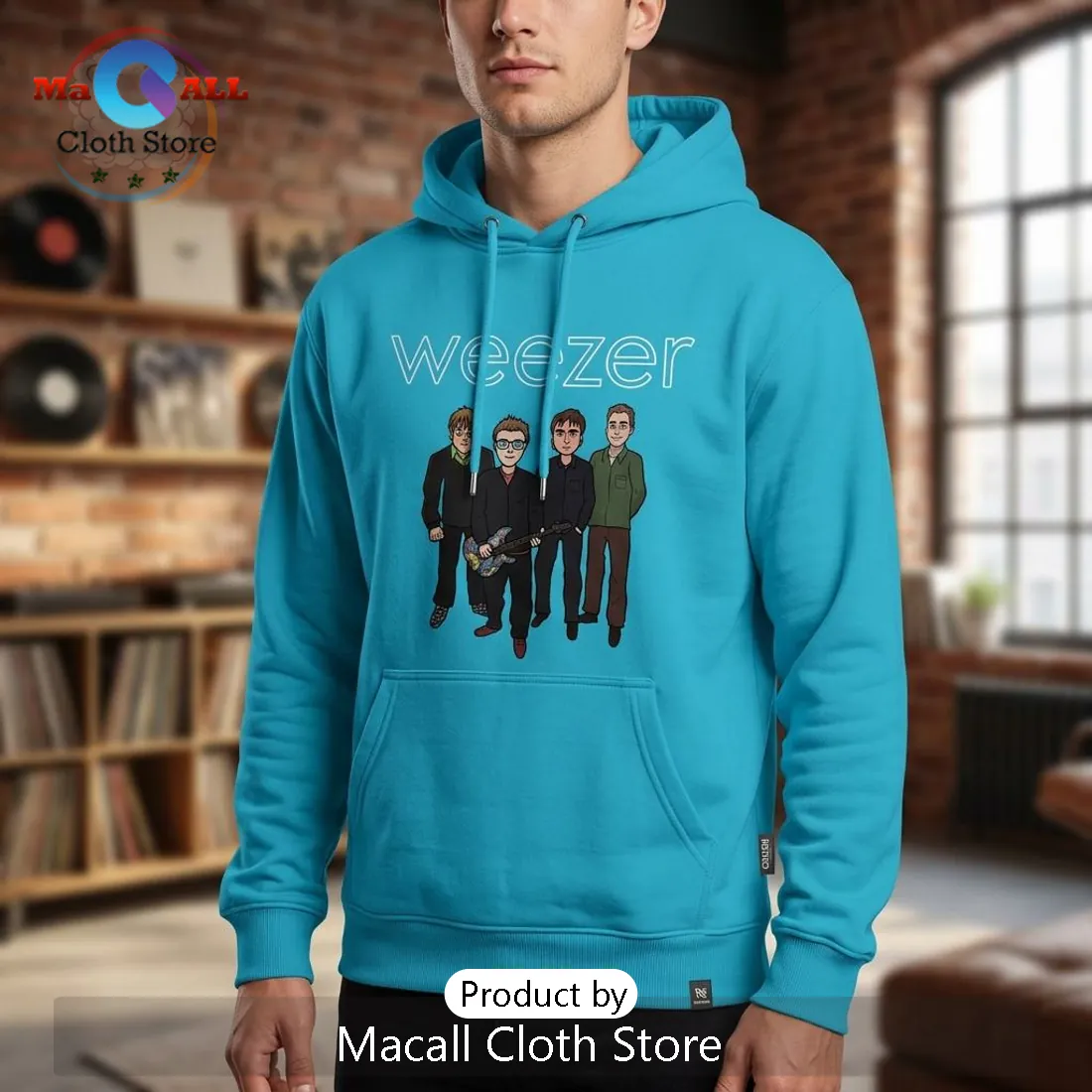 Weezer Classic Blue Album Cartoon Band Members Pullover Hoodie