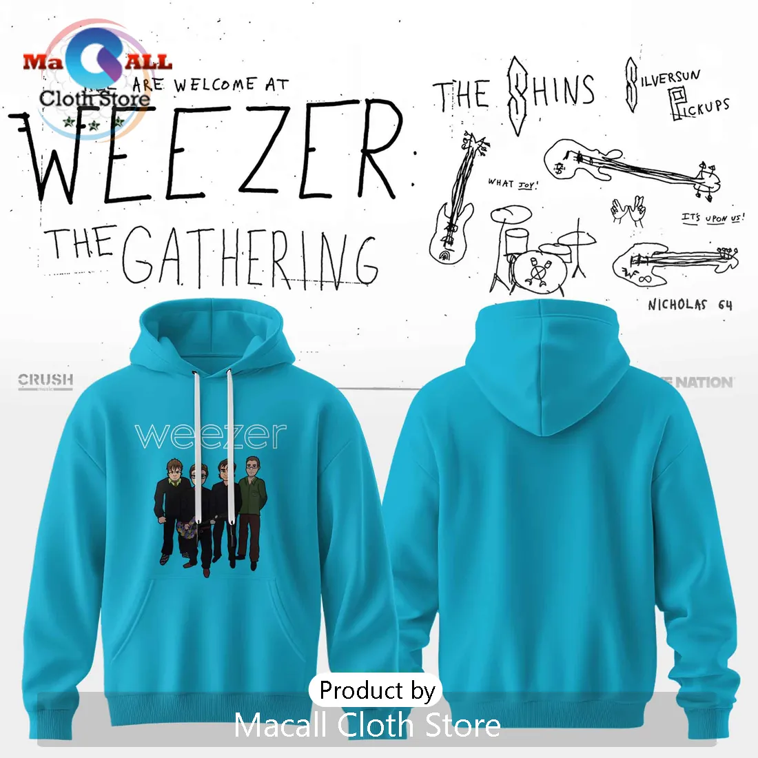 Weezer Classic Blue Album Cartoon Band Members Pullover Hoodie