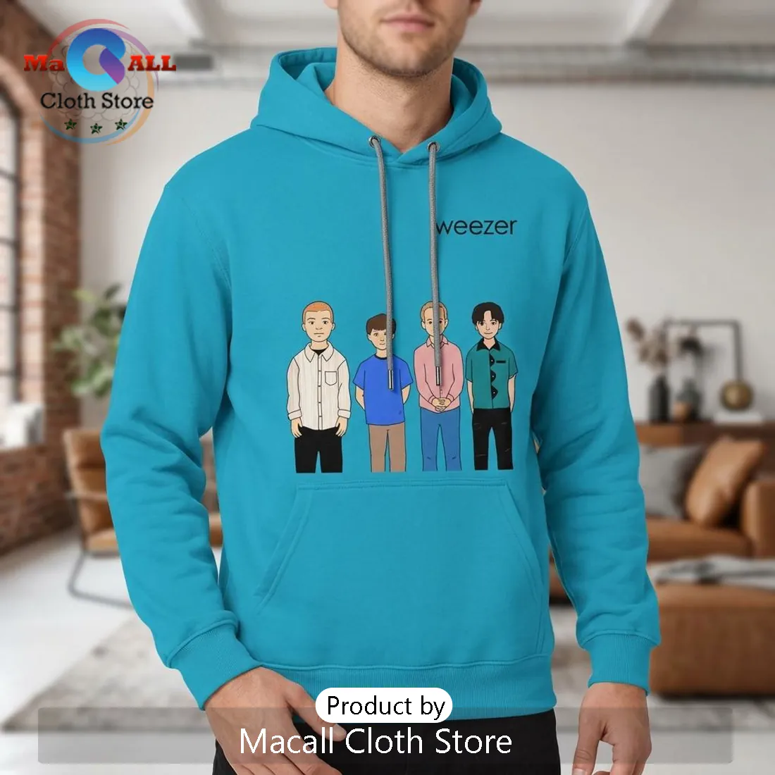 Weezer The Gathering Cartoon Band Graphic Blue Pullover Hoodie