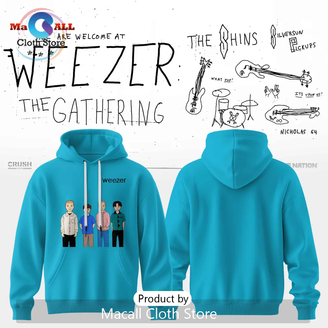 Weezer The Gathering Cartoon Band Graphic Blue Pullover Hoodie