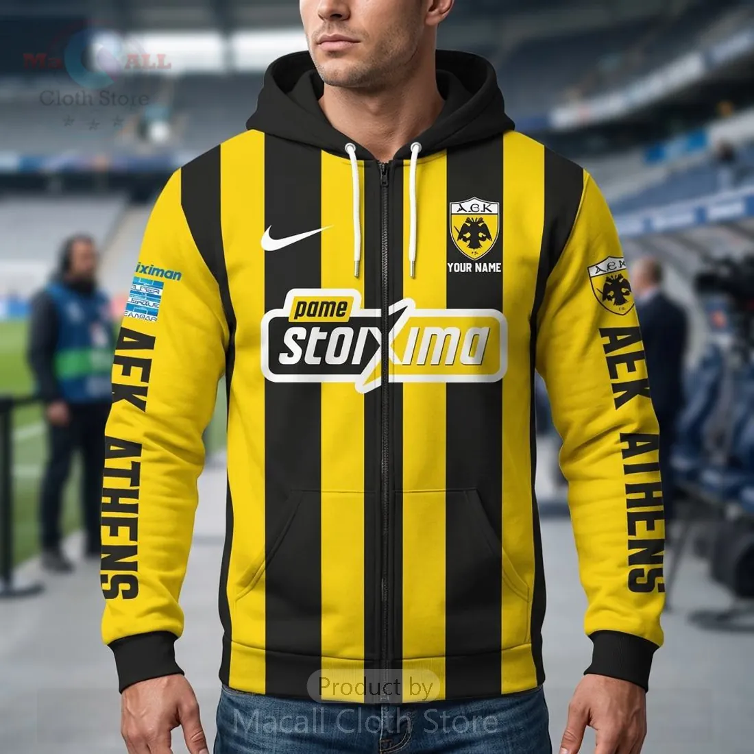 Custom AEK Athens FC Yellow Black Striped Football 3D Hoodie Custom AEK Athens FC Yellow Black Striped Football 3D Hoodie