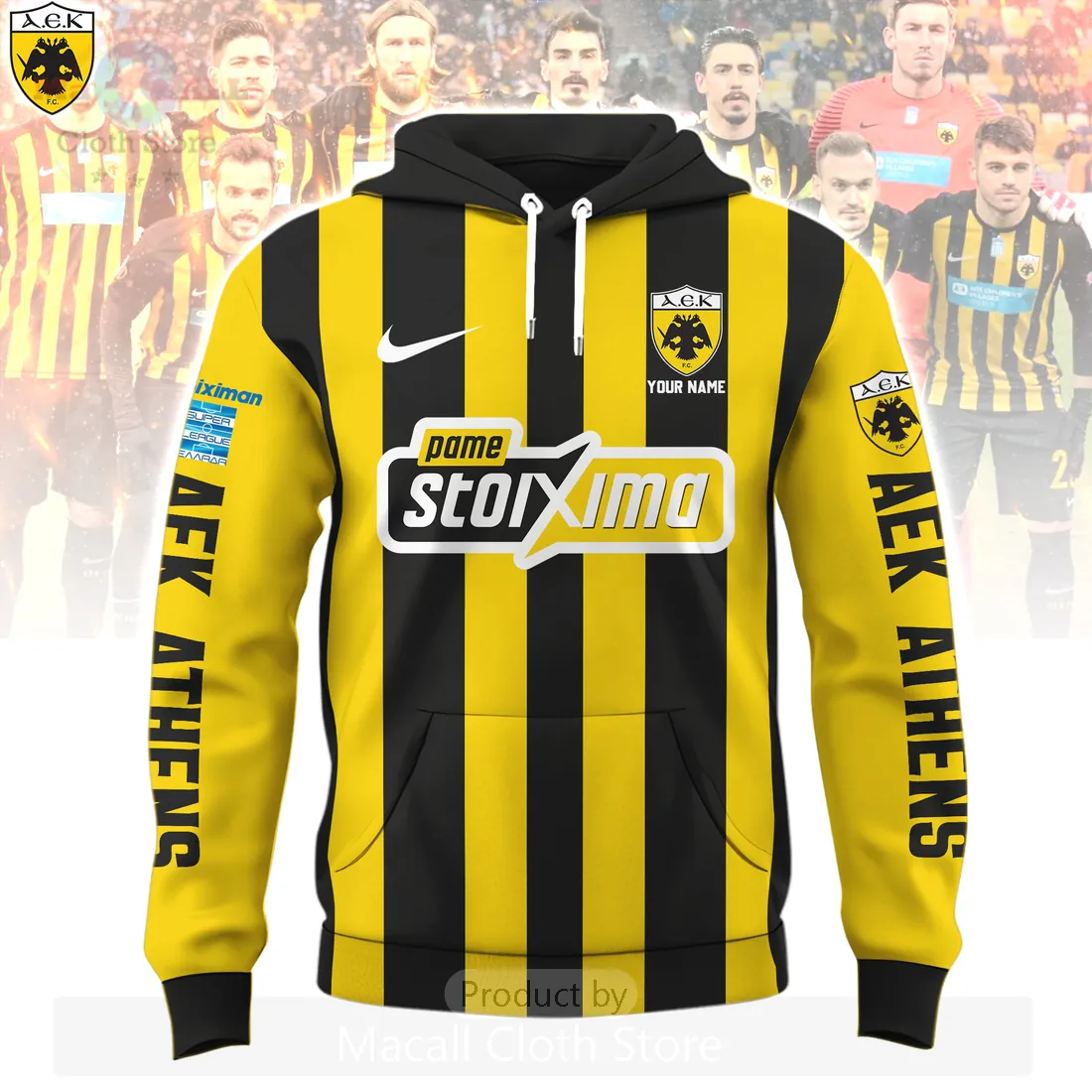 Custom AEK Athens FC Yellow Black Striped Football 3D Hoodie Custom AEK Athens FC Yellow Black Striped Football 3D Hoodie