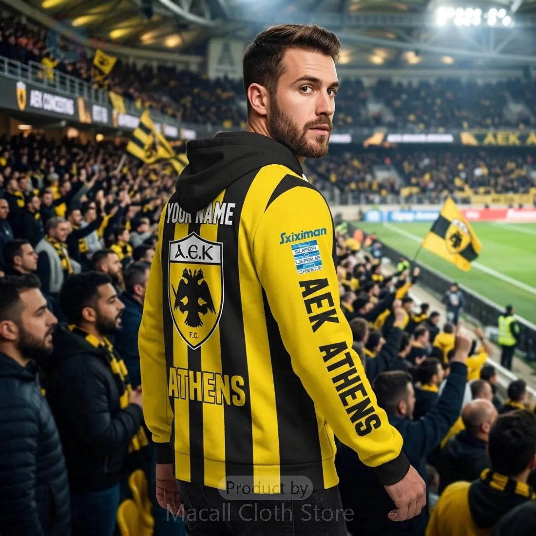 Custom AEK Athens FC Yellow Black Striped Football 3D Hoodie Custom AEK Athens FC Yellow Black Striped Football 3D Hoodie