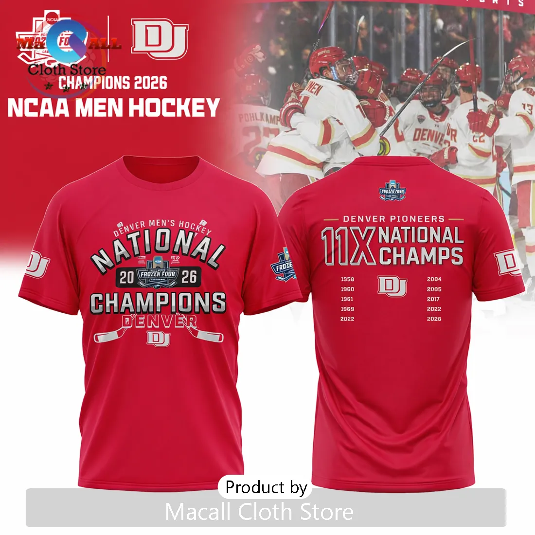 Denver Pioneers Men’s Hockey 2026 National Champions Red Commemorative T-Shirt