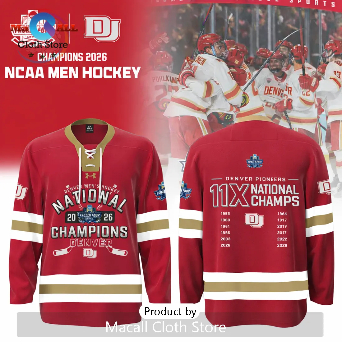 Denver Pioneers Men’s Hockey 2026 National Champions 11x Hockey Jersey