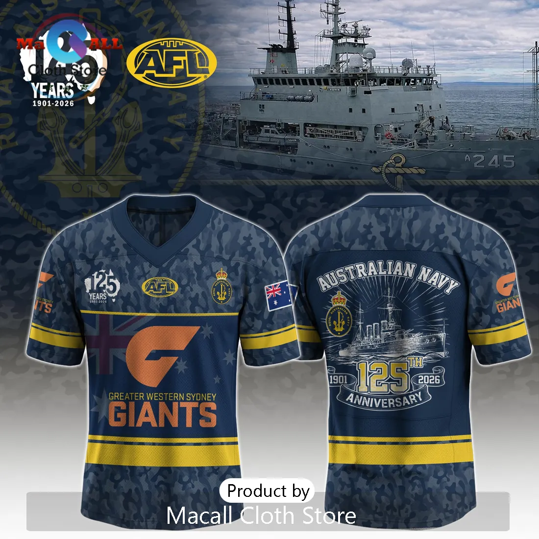 GWS Giants Australian Navy 125th Anniversary Commemorative AFL Jersey
