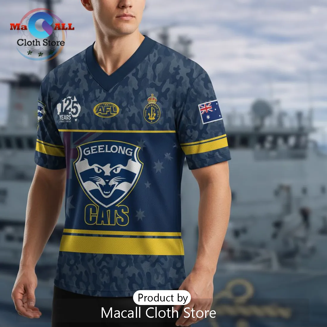 Geelong Cats AFL Australian Navy 125th Anniversary Commemorative Jersey Geelong Cats AFL Australian Navy 125th Anniversary Commemorative Jersey
