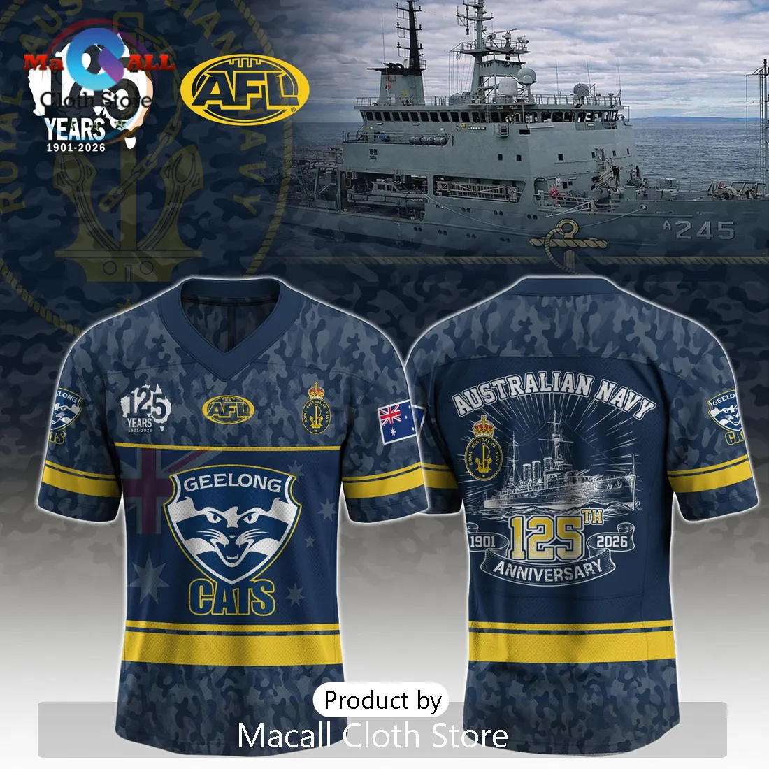 Geelong Cats AFL Australian Navy 125th Anniversary Commemorative Jersey