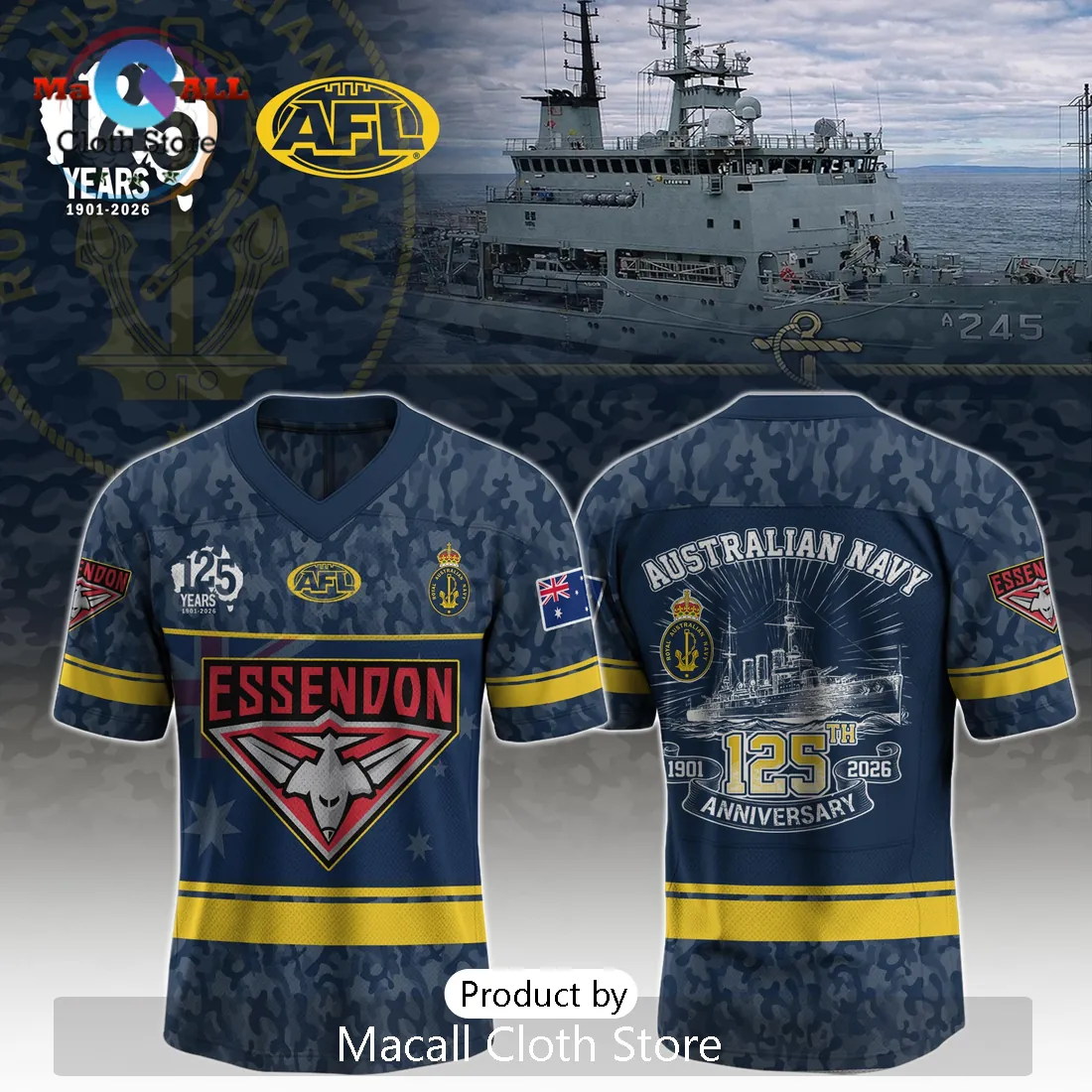 Essendon Bombers Australian Navy 125th Anniversary Commemorative AFL Jersey