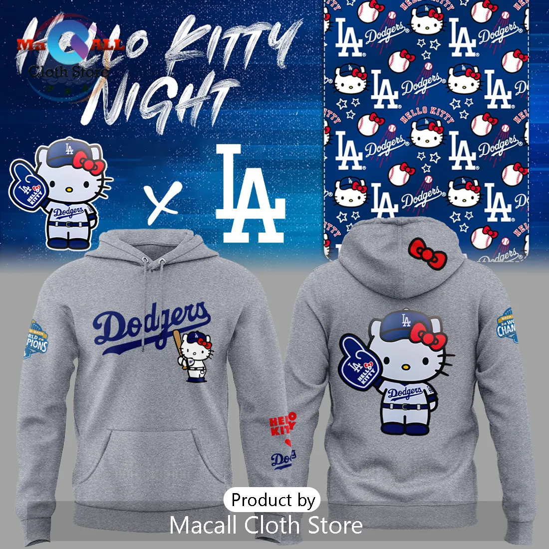 Dodgers Hello Kitty Night MLB World Champions Grey Fan Hoodie