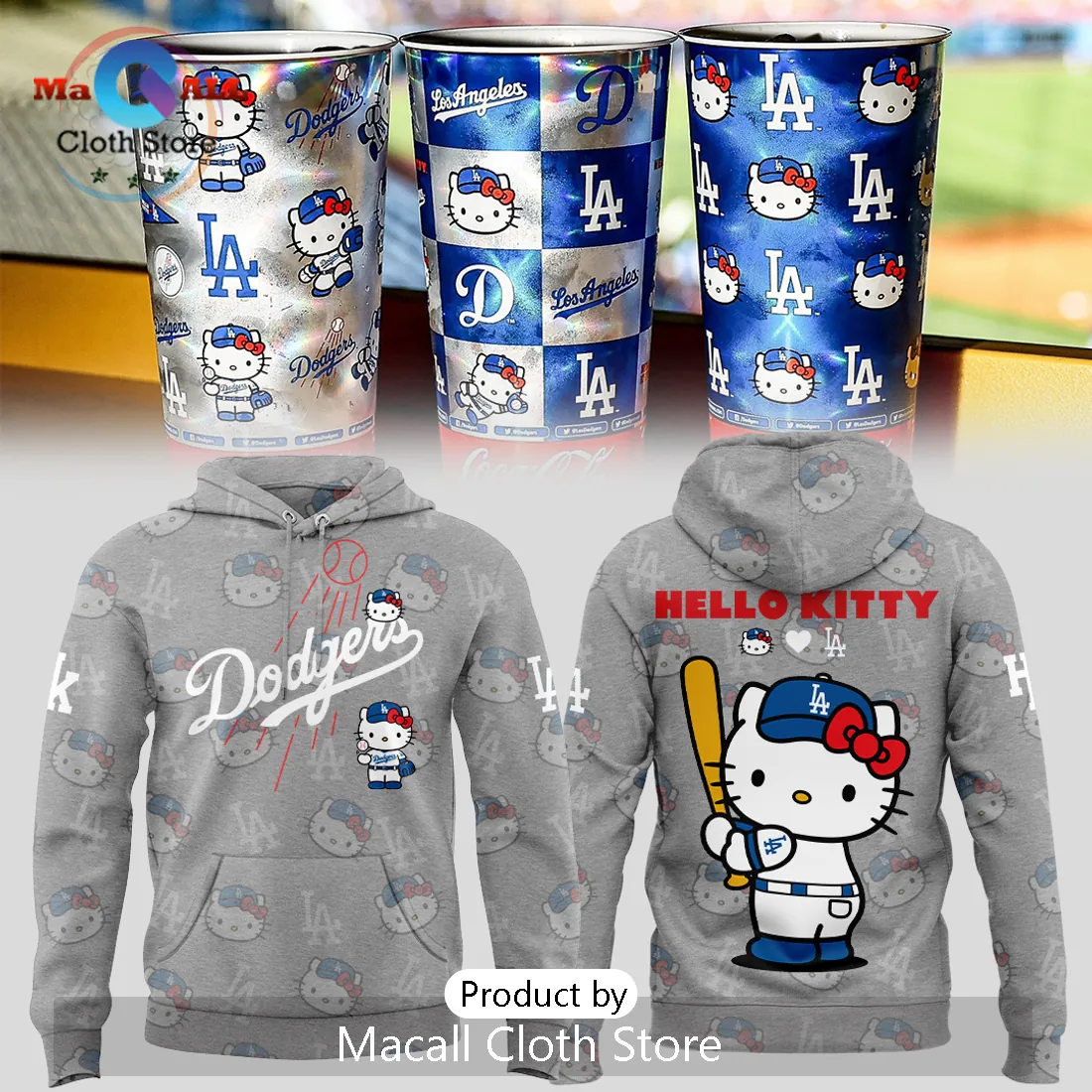 Los Angeles Dodgers Hello Kitty MLB Baseball Fan Gear Grey Graphic Hoodie