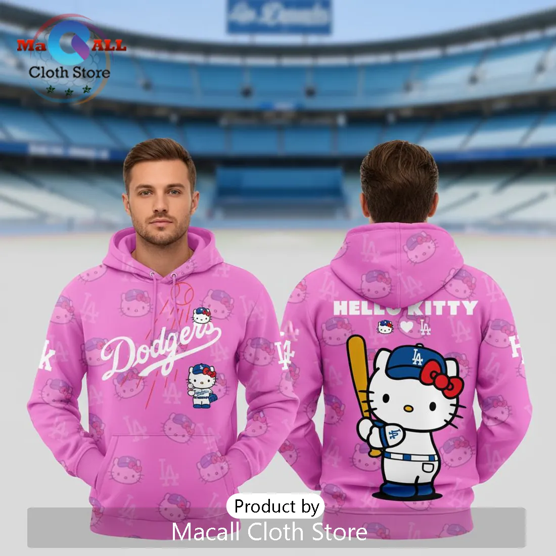 Los Angeles Dodgers Hello Kitty Pink Baseball Fan Pullover Hoodie