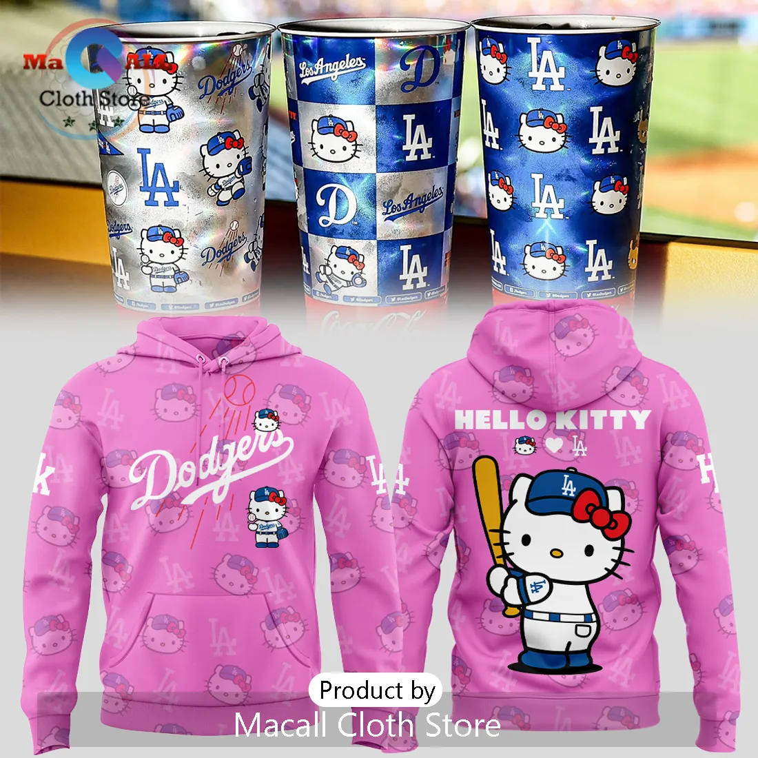 Los Angeles Dodgers Hello Kitty Pink Baseball Fan Pullover Hoodie