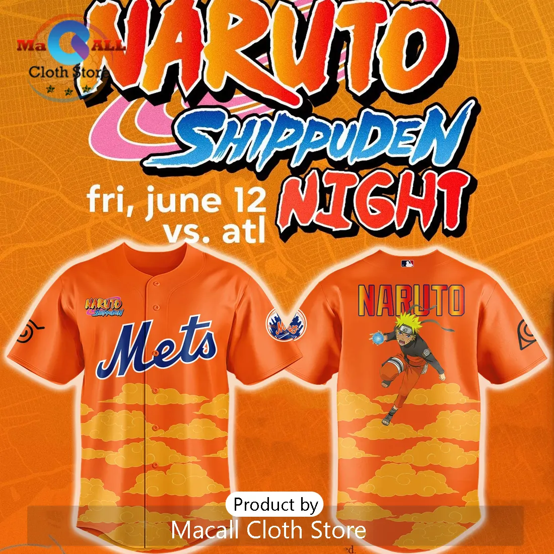 Naruto Shippuden Mets Special Event Orange Cloud Design Baseball Jersey