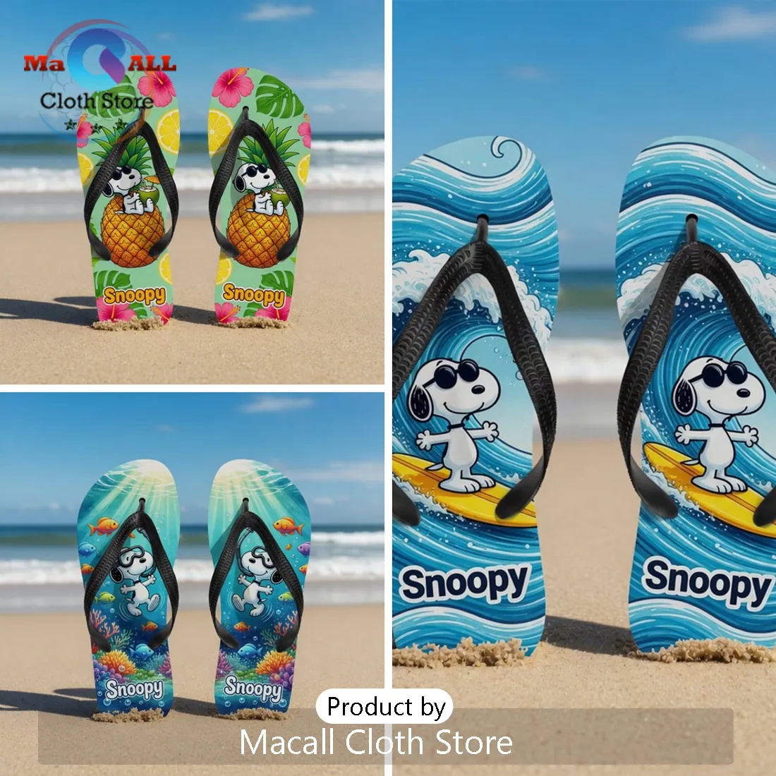 Snoopy Surfing Beach Ocean Waves Summer Flip Flops