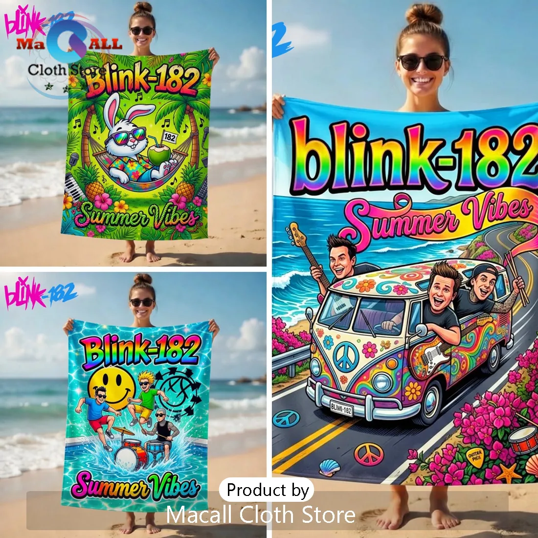 Blink-182 Summer Vibes Vibrant Psychedelic Band Art Beach Towel