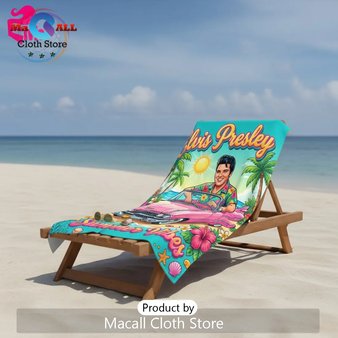 Elvis Presley Summer Vibes Tropical Pink Cadillac Art Beach Towel