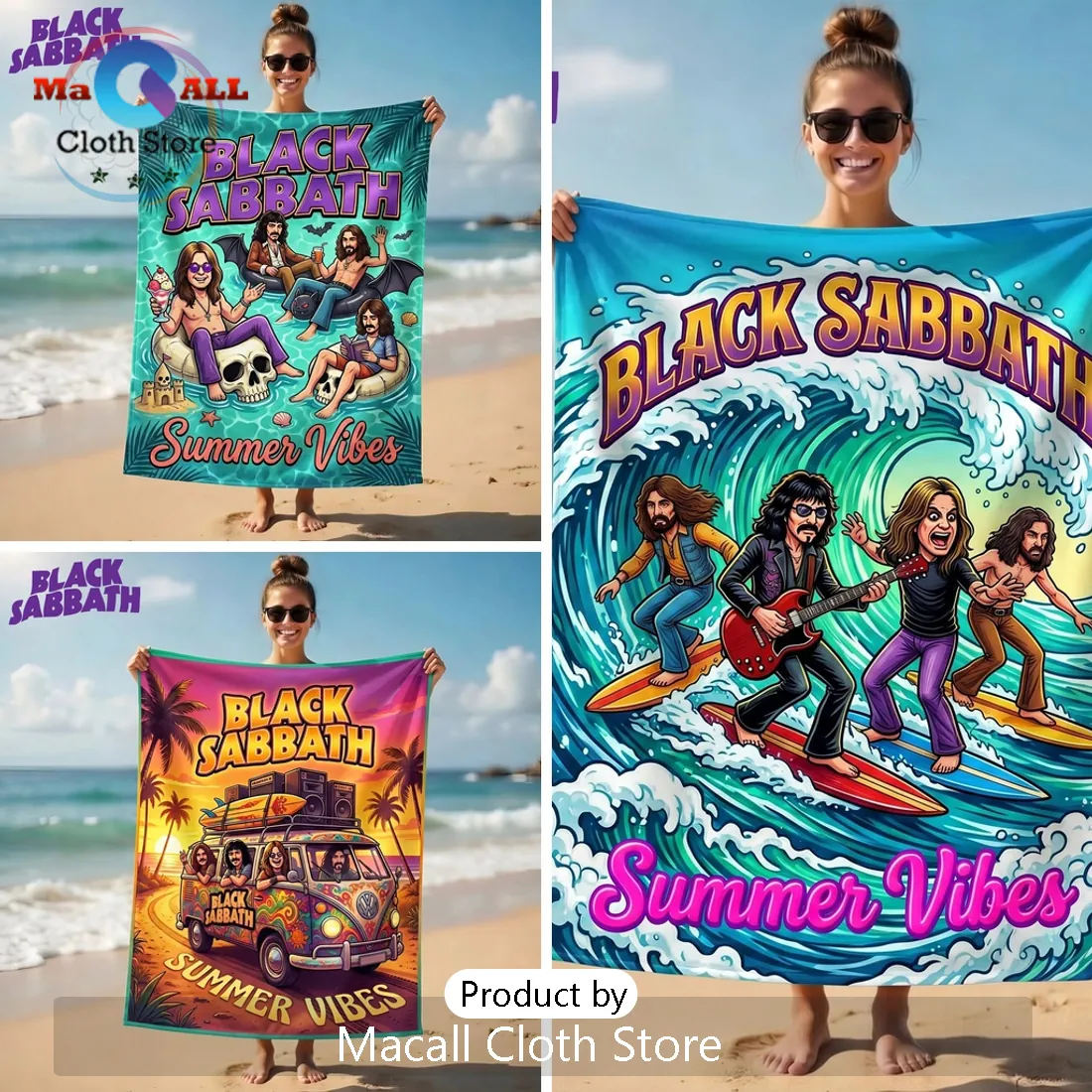 Black Sabbath Summer Vibes Surfing Cartoon Band Premium Beach Towel