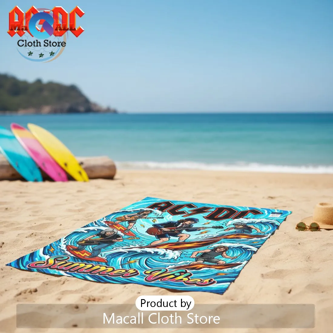 AC/DC Summer Surfing Rock Band Members Vibrant Cartoon Beach Towel