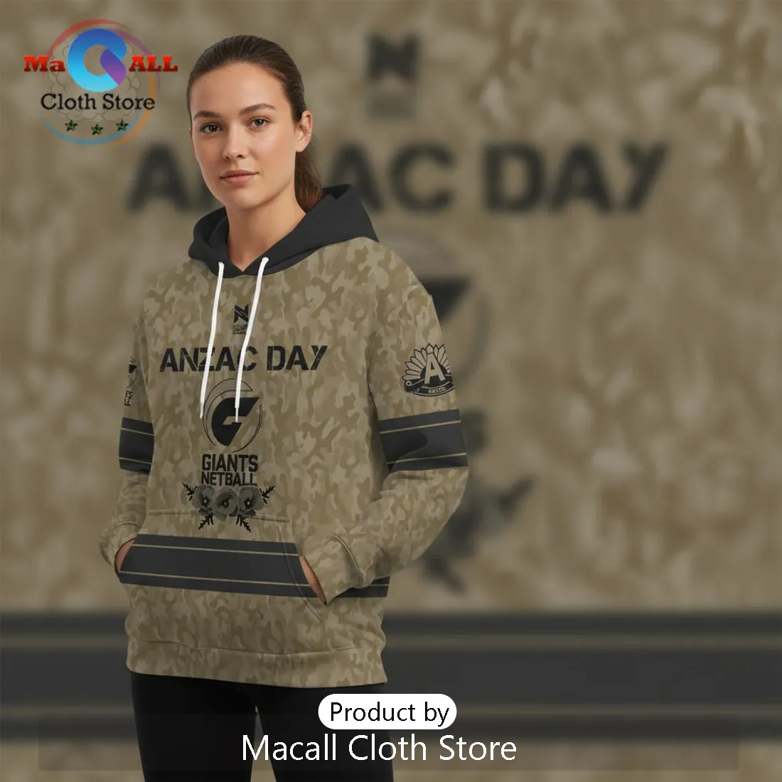 Anzac Day Giants Netball Lest We Forget Camouflage Hoodie