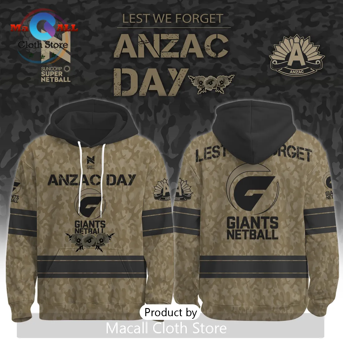 Anzac Day Giants Netball Lest We Forget Camouflage Hoodie