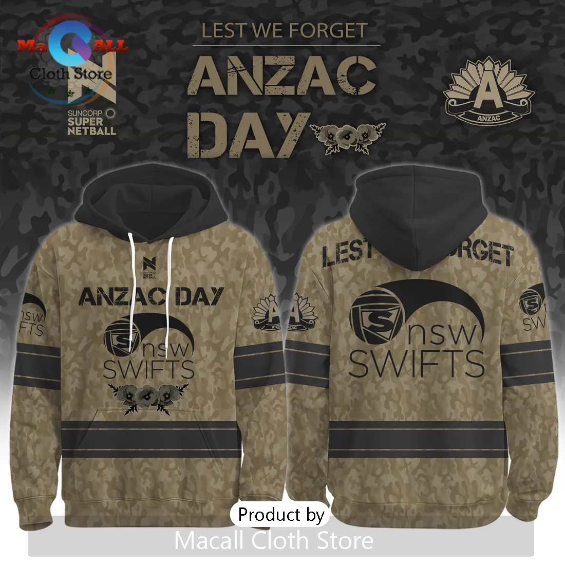 NSW Swifts Anzac Day Limited Edition Camo Hoodie