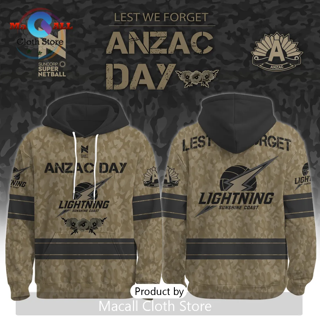 Sunshine Coast Lightning ANZAC Day Limited Edition Camouflage Hoodie