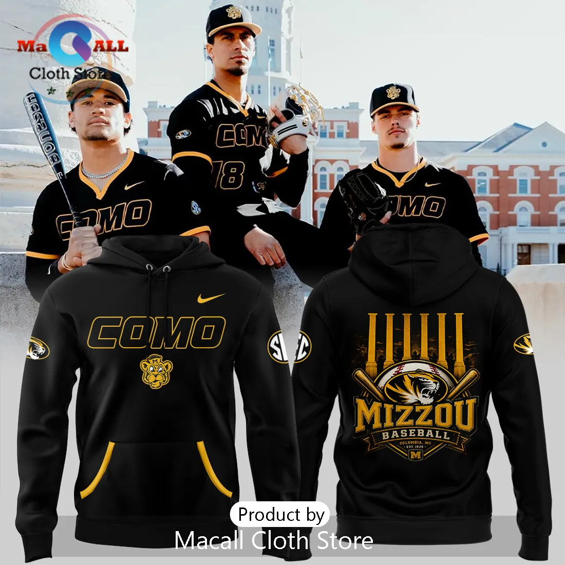 Mizzou Baseball Black Gold COMO Columns Hoodie