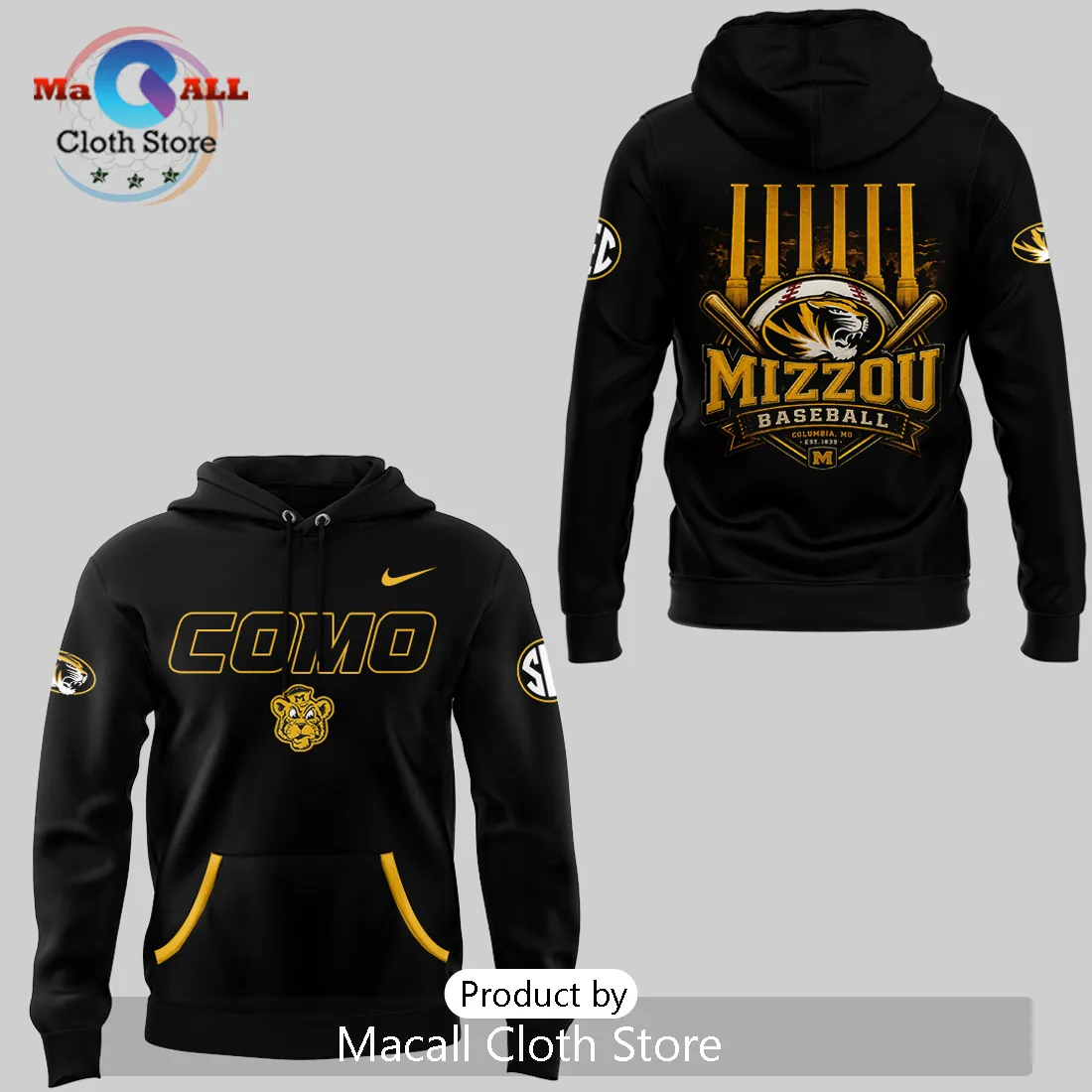 Mizzou Baseball Black Gold COMO Columns Hoodie