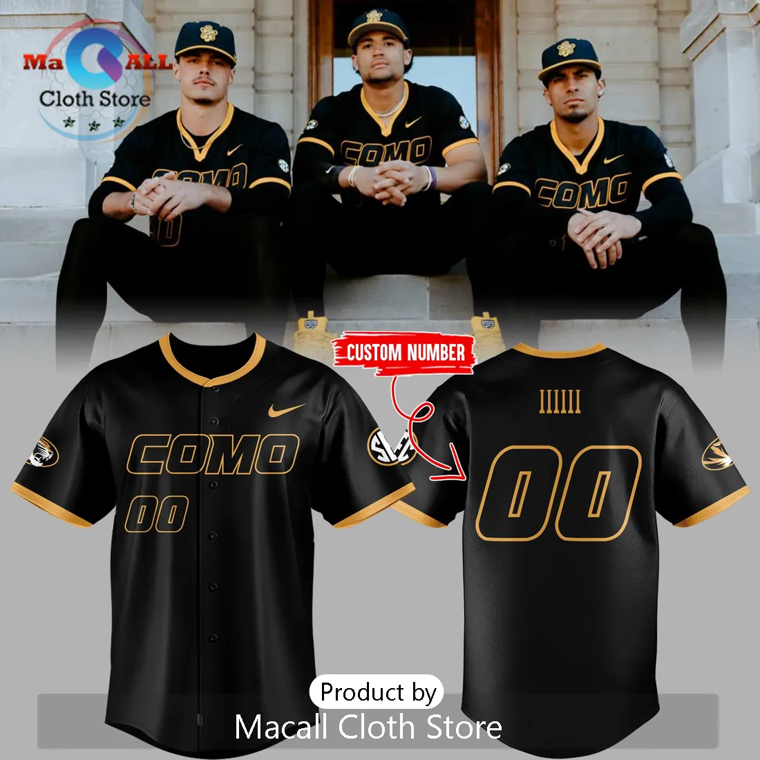 Mizzou Tigers Como Black & Gold Custom Baseball Jersey