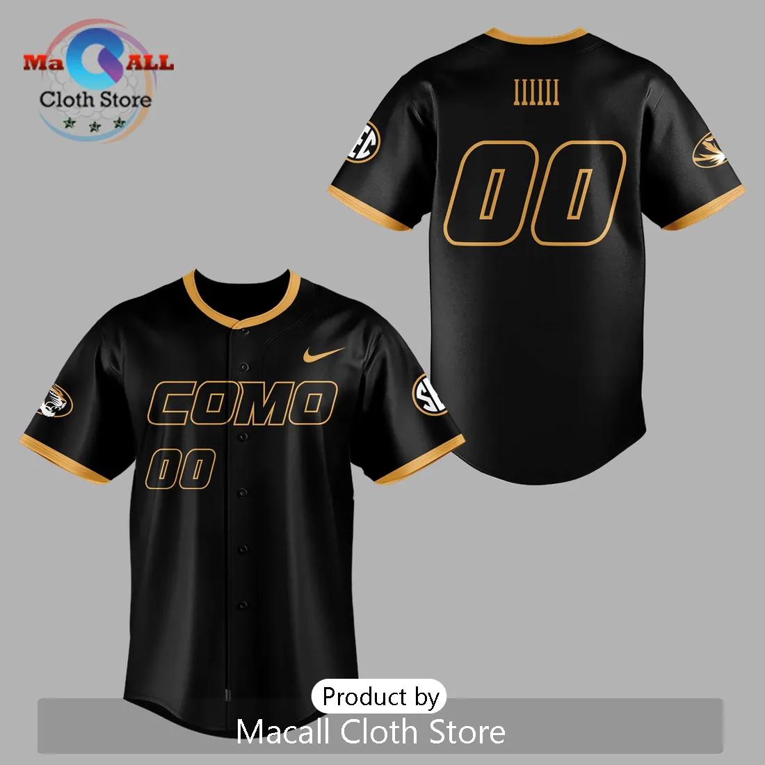 Mizzou Tigers Como Black & Gold Custom Baseball Jersey