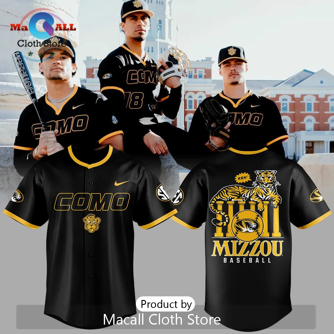 Mizzou Tigers COMO University of Missouri Black Gold Baseball Jersey