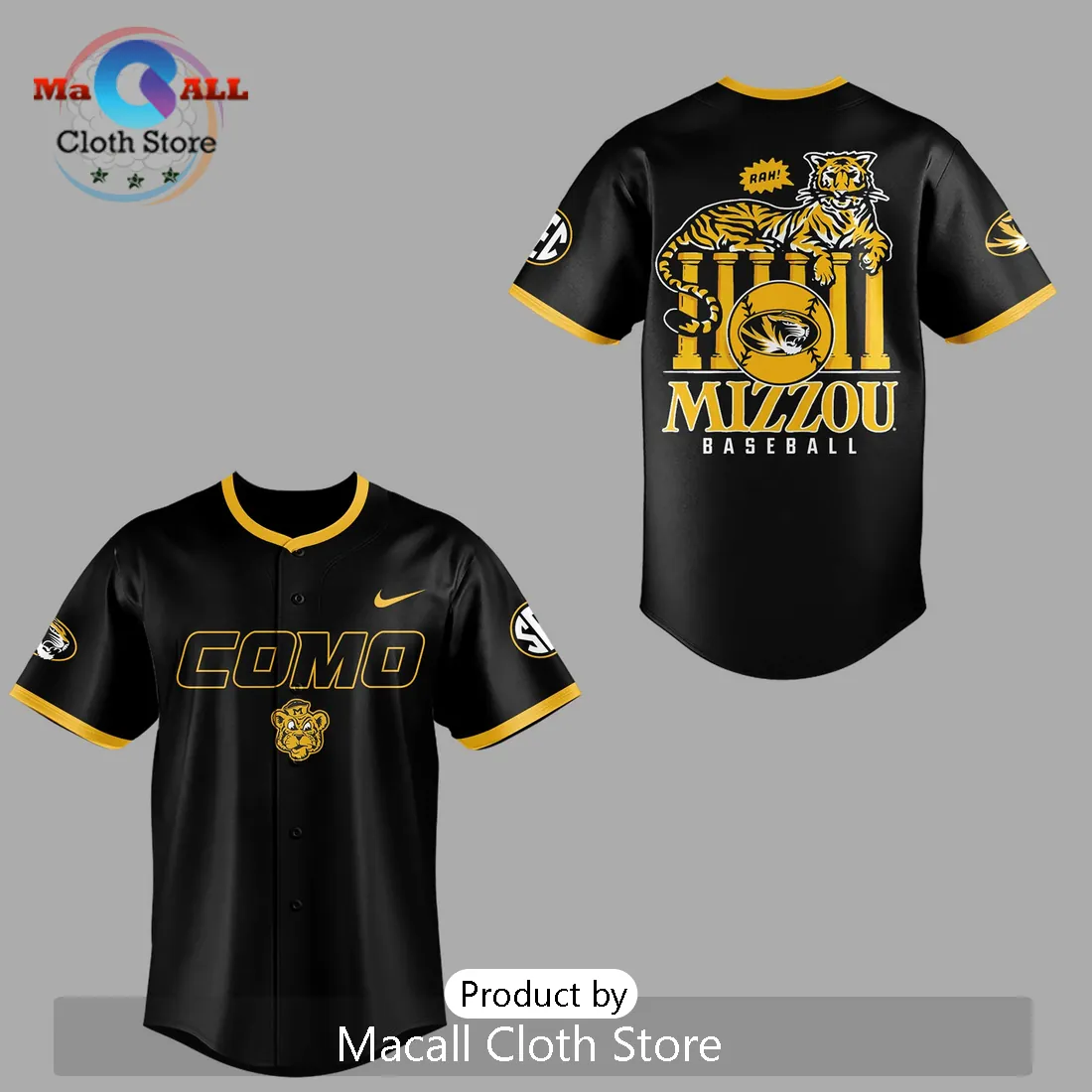 Mizzou Tigers COMO University of Missouri Black Gold Baseball Jersey