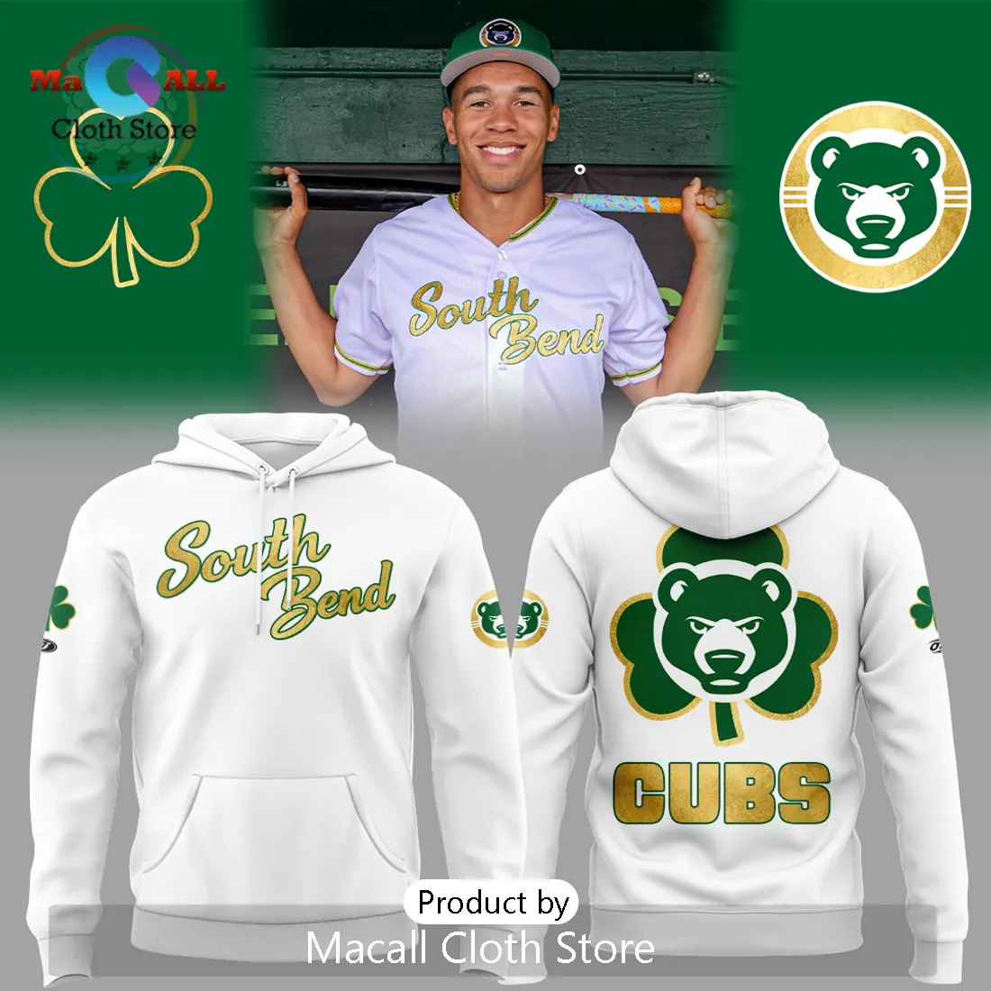 Cubs Irish Shamrock Bear Logo South Bend Pullover Hoodie