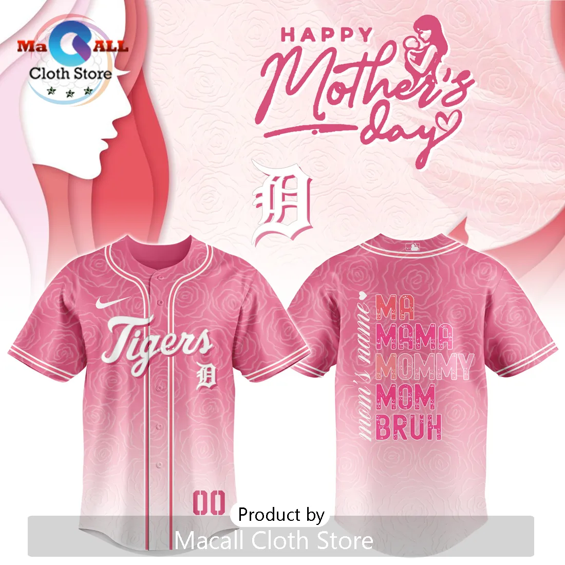 Detroit Tigers Mother’s Day Pink Rose Ombre Baseball Jersey