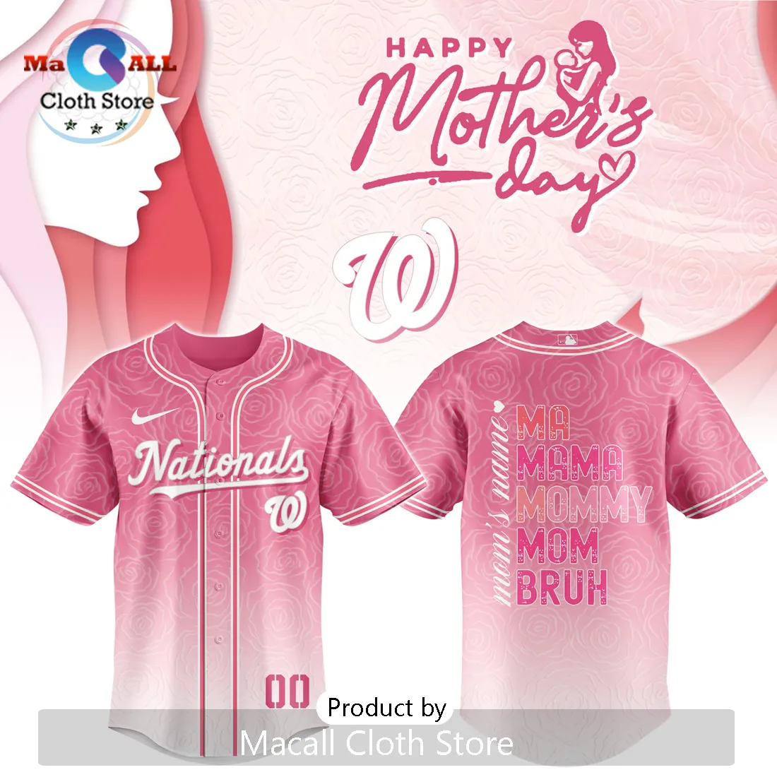 Washington Nationals Mother’s Day Pink Rose Personalized Baseball Jersey