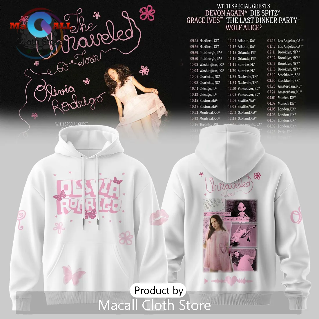 Olivia Rodrigo Unraveled Tour White Hoodie 2026