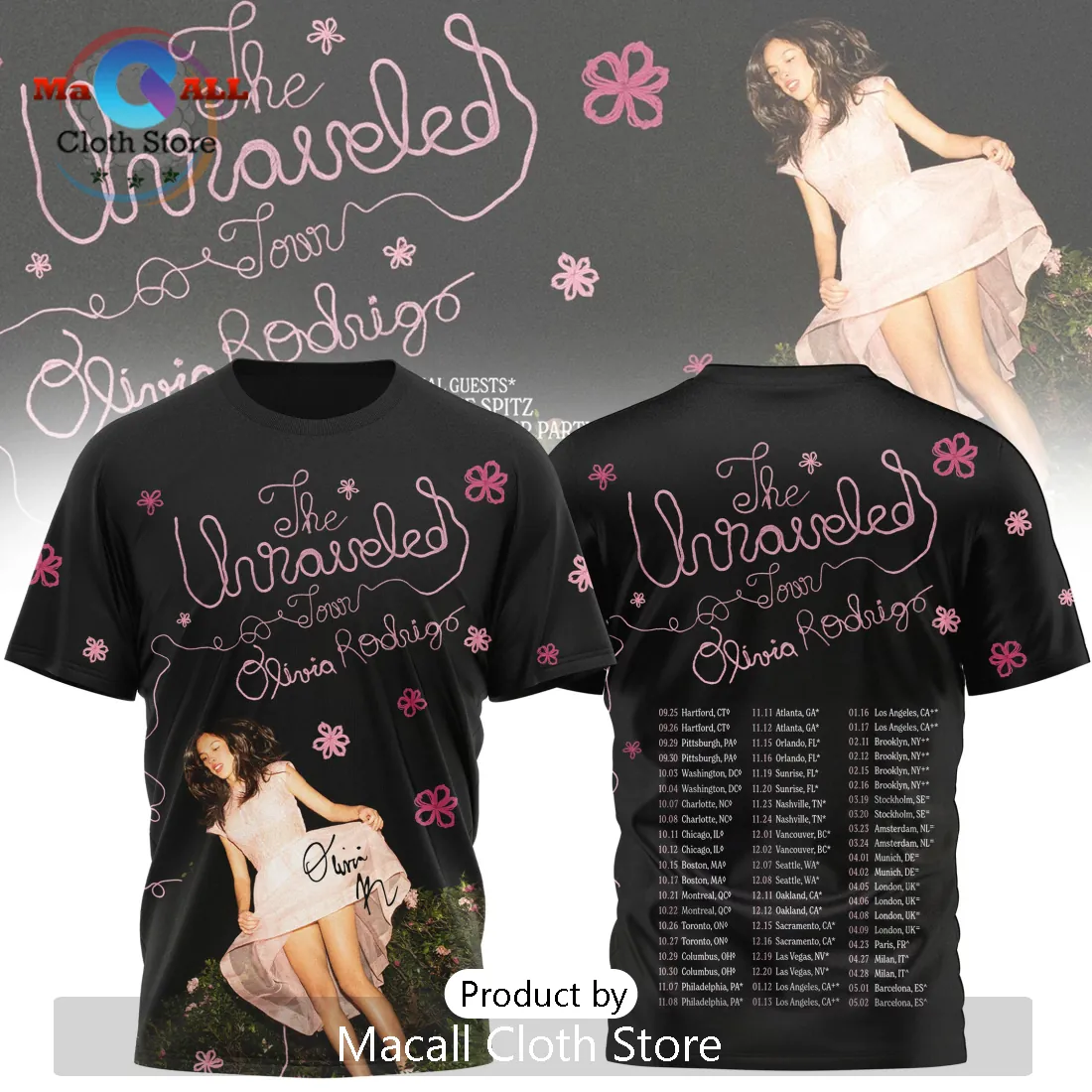 Olivia Rodrigo The Unraveled Tour Black Concert Fan Merchandise T-Shirt