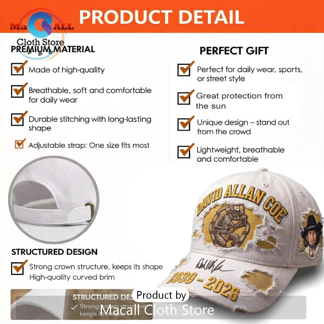 David Allan Coe Outlaw Country Distressed Baseball Cap