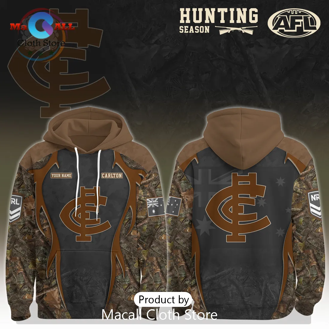 Carlton Blues AFL Hunting Season Camo Personalised Hoodie