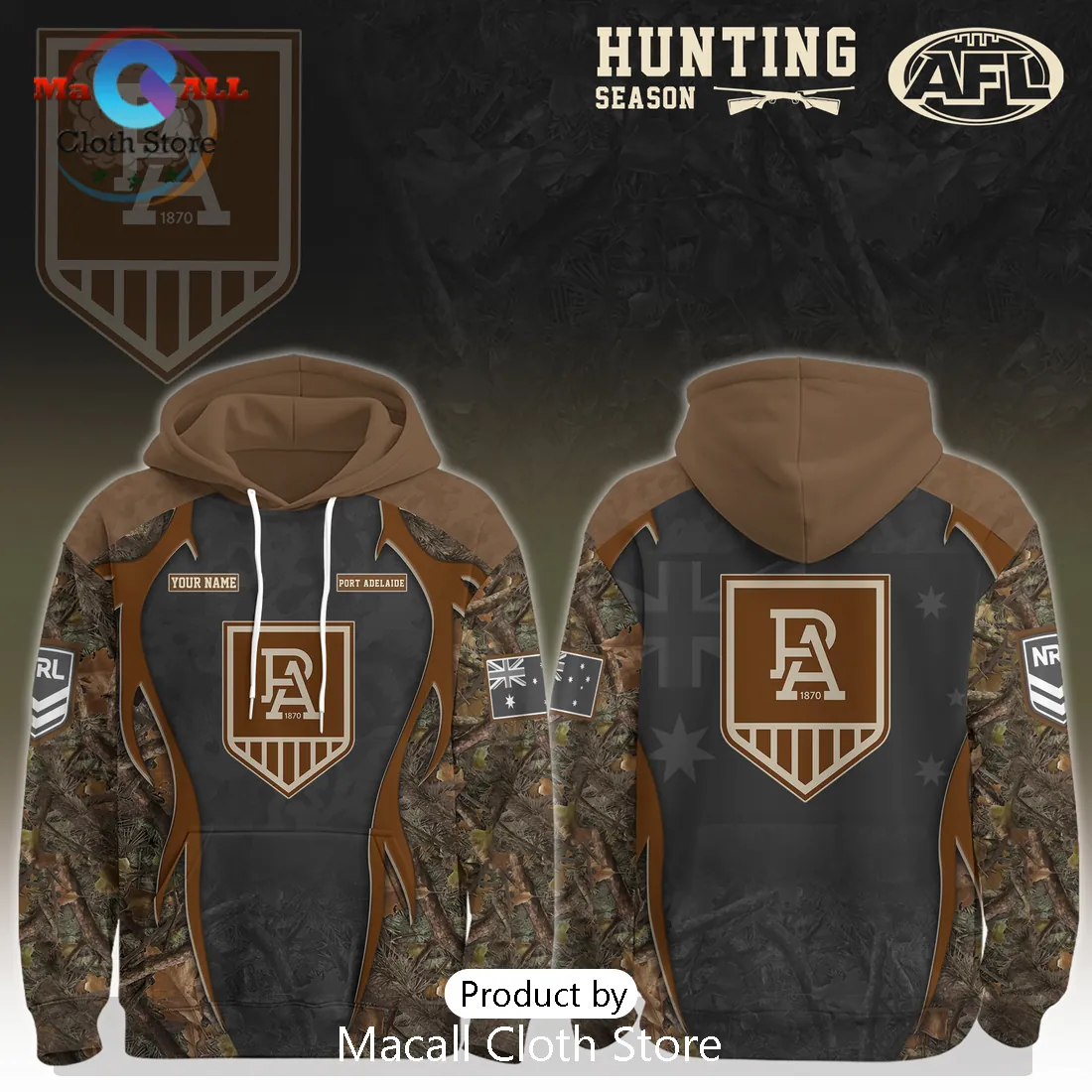 Port Adelaide Power AFL Hunting Season Camo Personalized Hoodie