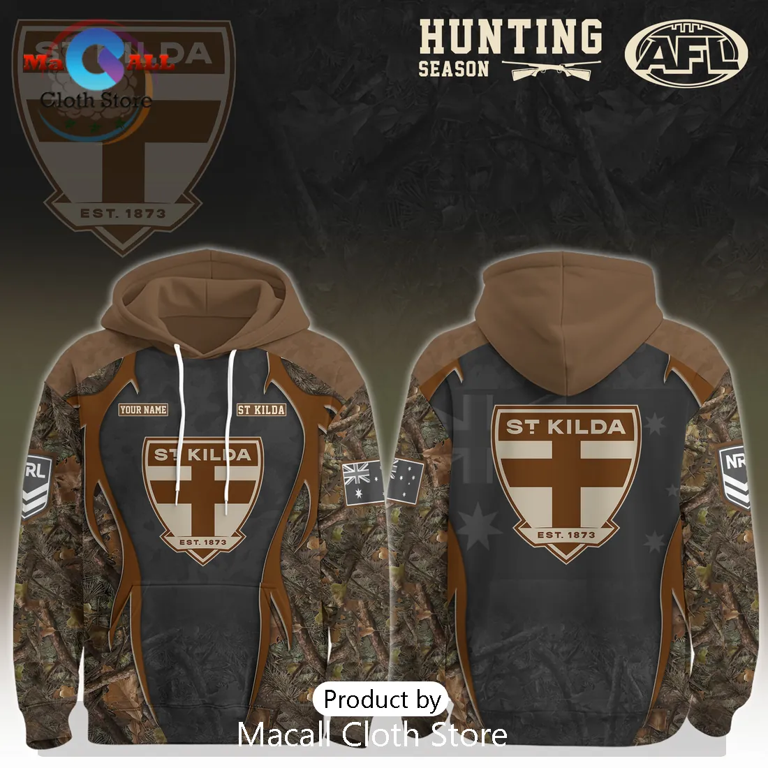 St Kilda AFL Hunting Season Personalized Camo Brown Hoodie
