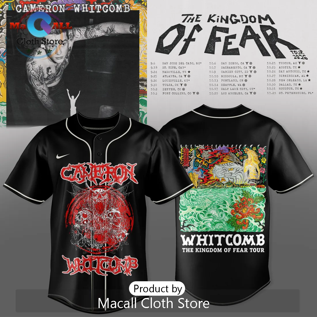 Cameron Whitcomb The Kingdom Of Fear Tour 2026 Baseball Jersey Cameron Whitcomb The Kingdom Of Fear Tour 2026 Baseball Jersey