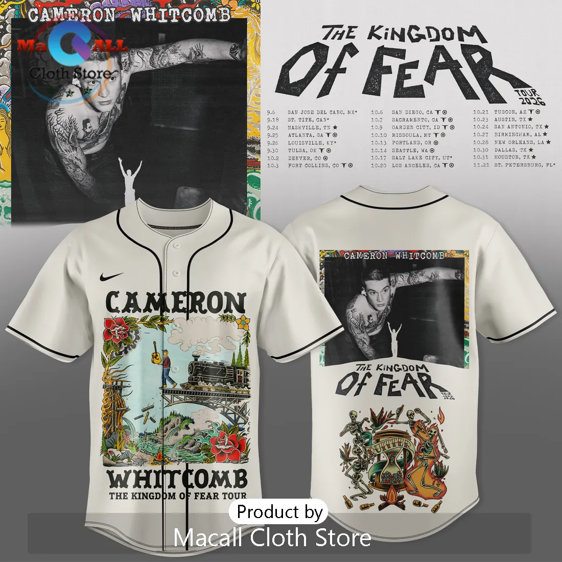Cameron Whitcomb Kingdom Of Fear Tour 2026 Artistic Baseball Jersey Cameron Whitcomb Kingdom Of Fear Tour 2026 Artistic Baseball Jersey