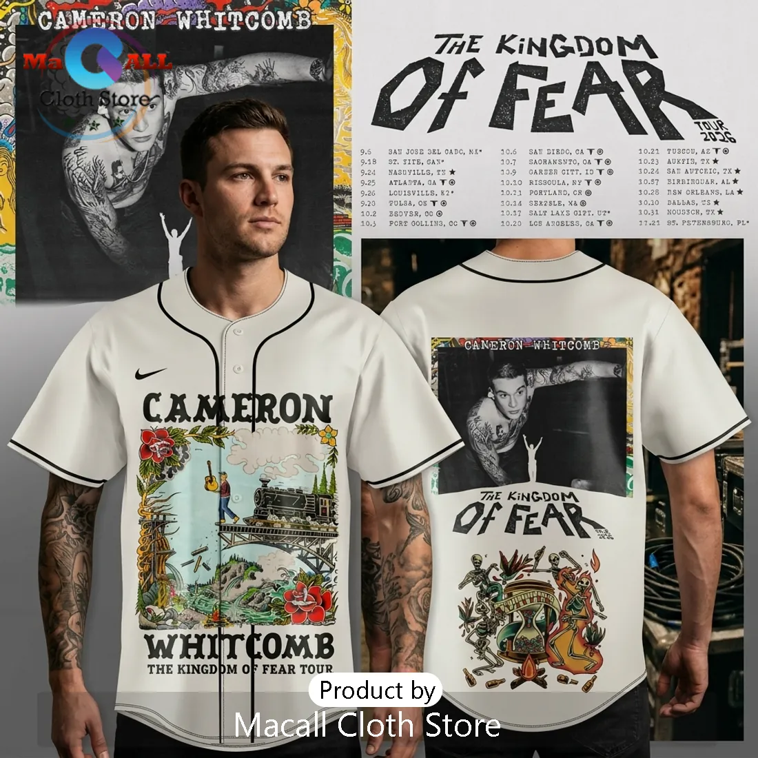 Cameron Whitcomb Kingdom Of Fear Tour 2026 Artistic Baseball Jersey Cameron Whitcomb Kingdom Of Fear Tour 2026 Artistic Baseball Jersey
