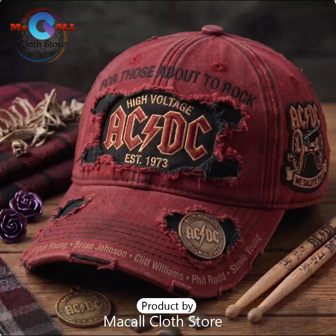 AC/DC High Voltage Back in Black Distressed Baseball Cap