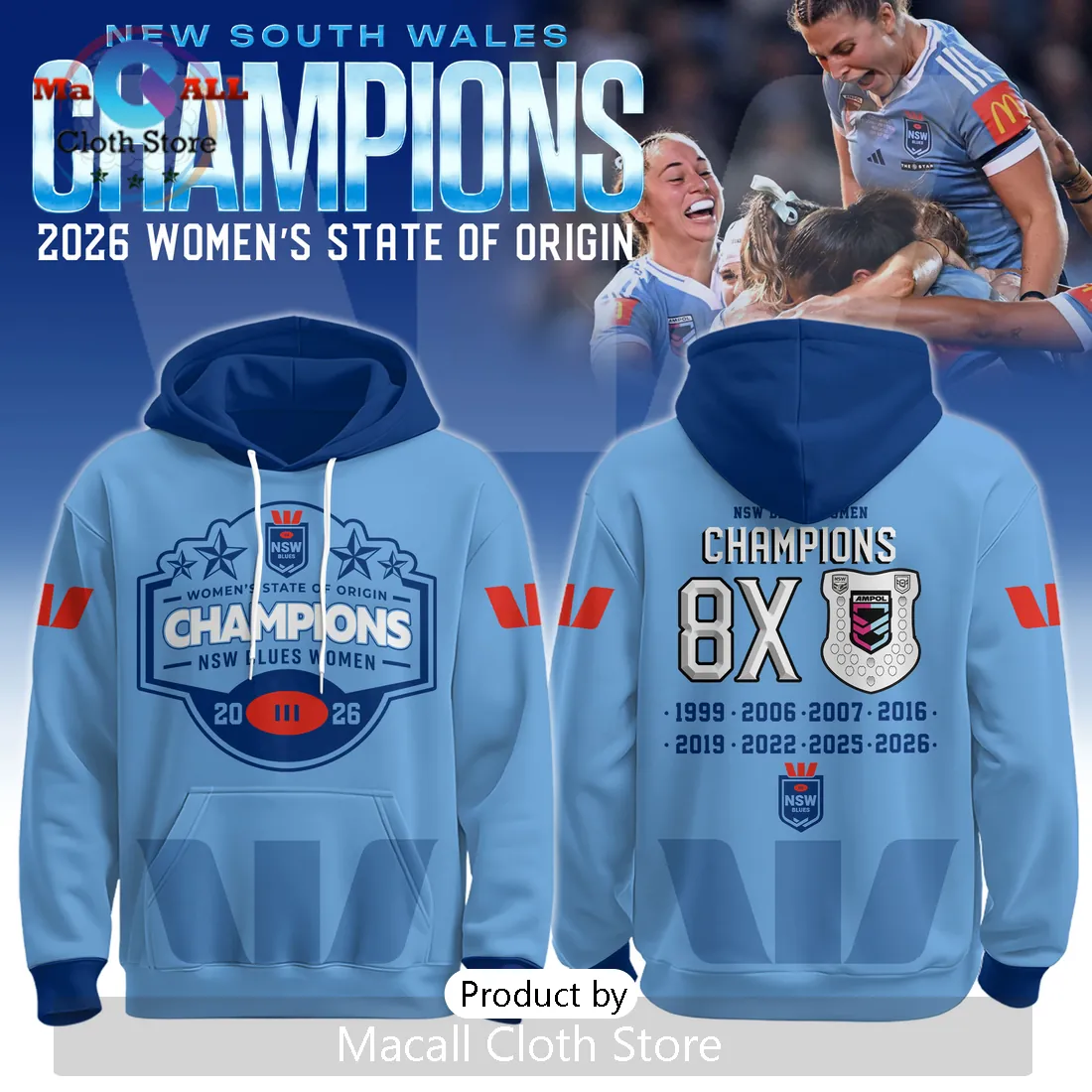 NSW Blues Women’s State of Origin 8X Champions 2026 Hoodie NSW Blues Women’s State of Origin 8X Champions 2026 Hoodie