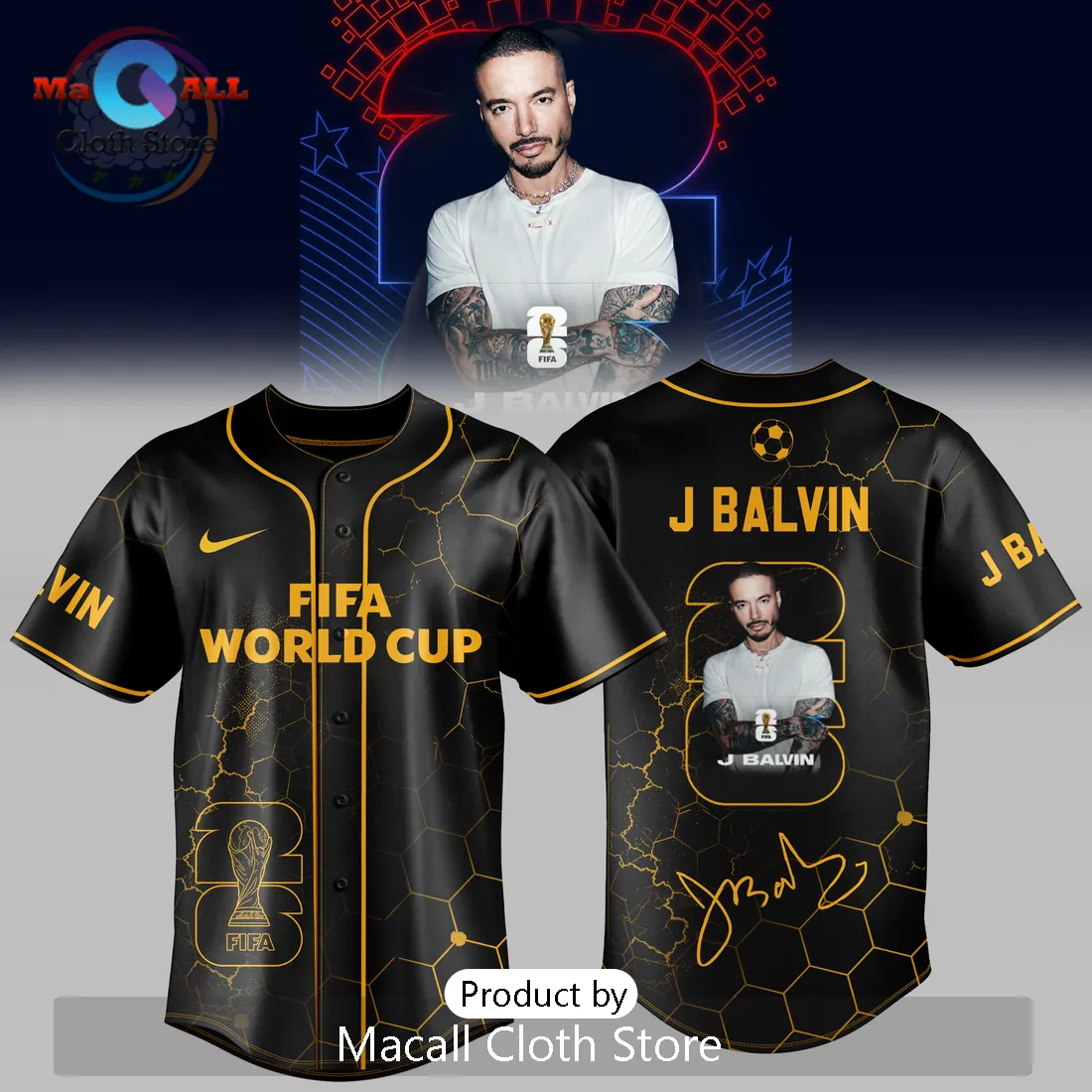 J Balvin x FIFA World Cup 2026 Black Gold Baseball Jersey J Balvin x FIFA World Cup 2026 Black Gold Baseball Jersey